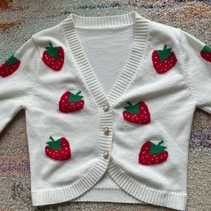 Cropped Strawberry Sweater with Pearl Buttons Size Small